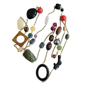 Necklace Natural Agate Onyx Jade Mother Of Pearl Quartz Beaded Gold Plated Chain